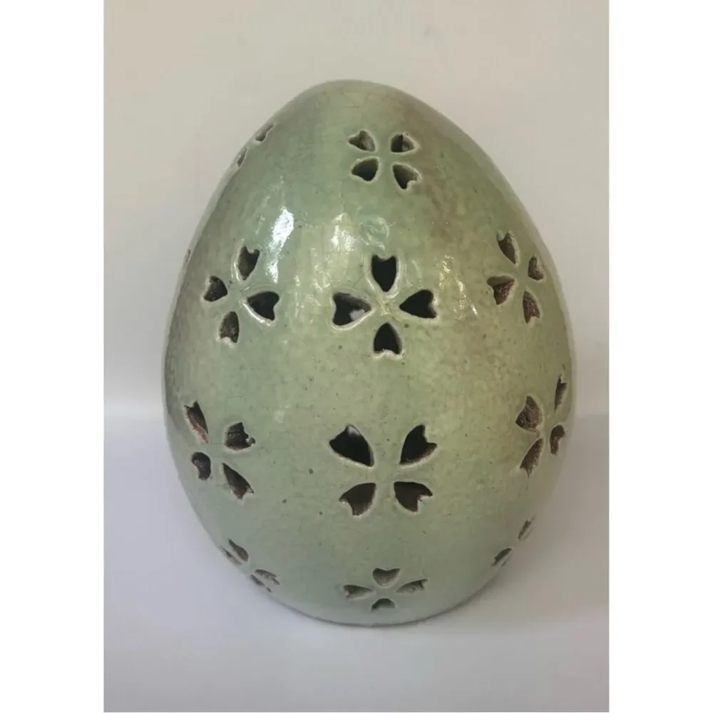 Vintage Pottery Barn Small 7.5” Tall Pale Blue Ceramic Pierced Egg